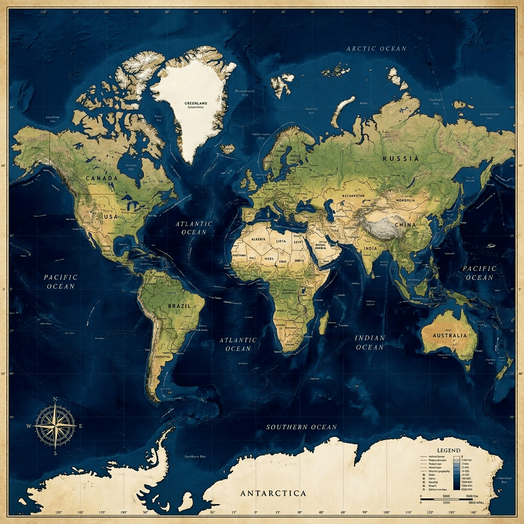 World map showing continents, countries, oceans, and geographical features in vintage design