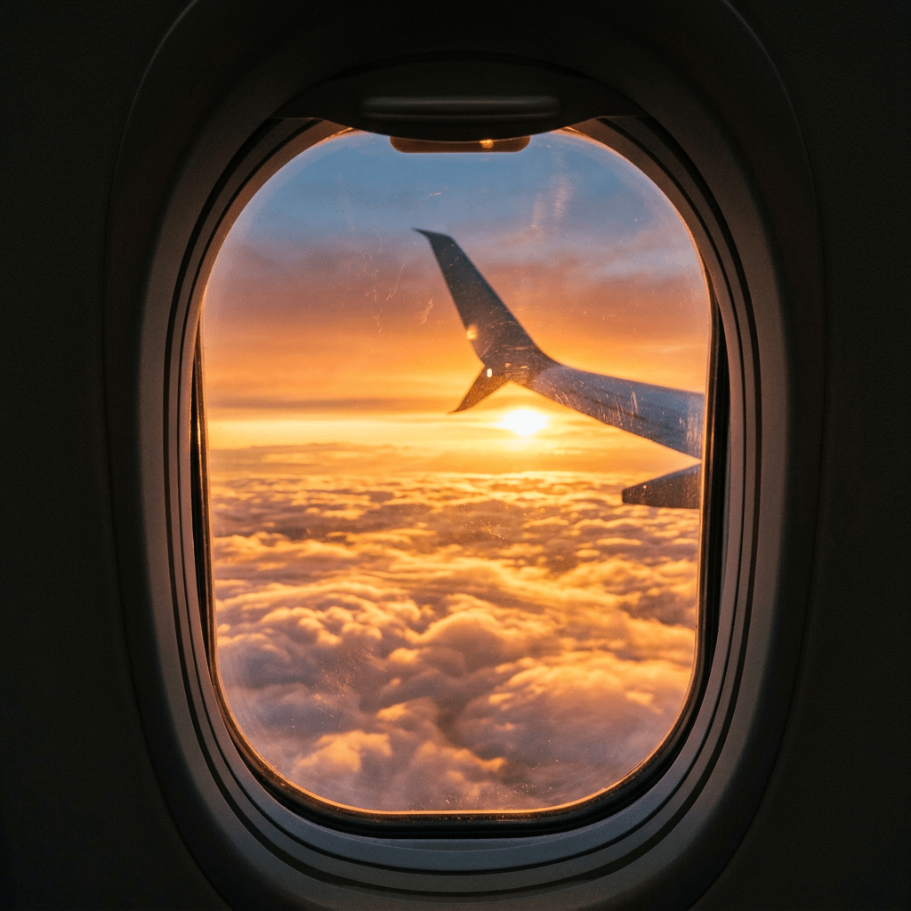 Airplane wing against orange and blue sunset sky over clouds