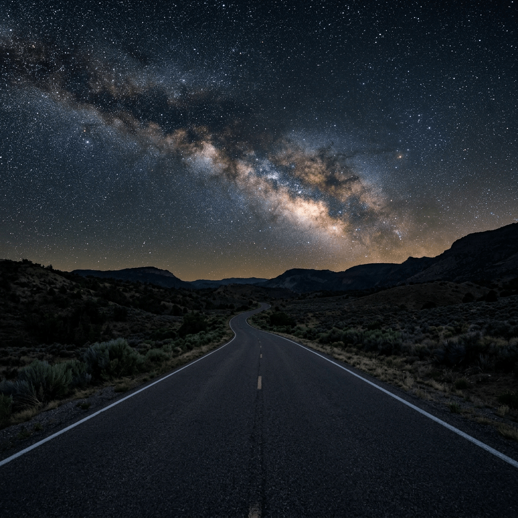 Winding road through desert landscape under star-filled Milky Way galaxy sky at night