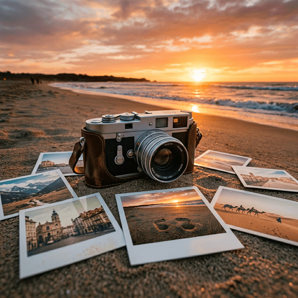 Vintage camera on beach sand with printed travel photographs at sunset