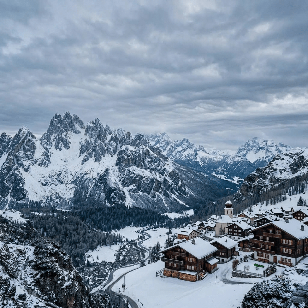 Snow-covered valley with sharp mountain peaks and winding river